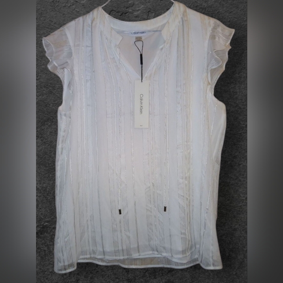 Calvin Klein Sparkly Tie Neck Blouse W/Ruffle Sleeves, White, Size Medium - Picture 1 of 2